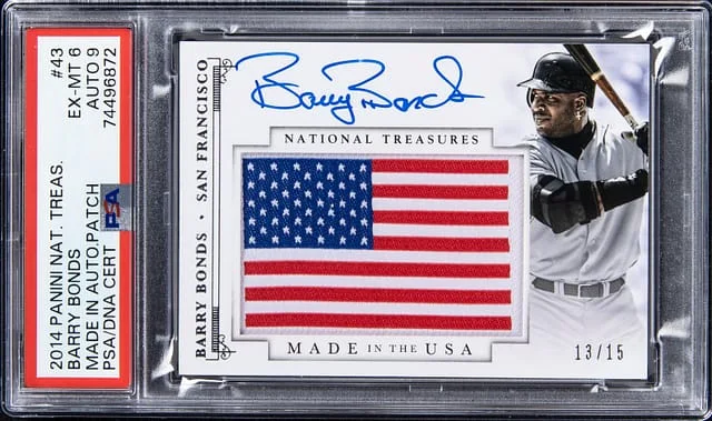 2014 Panini National Treasures Barry Bonds Made In USA Autograph Patch #43 card image