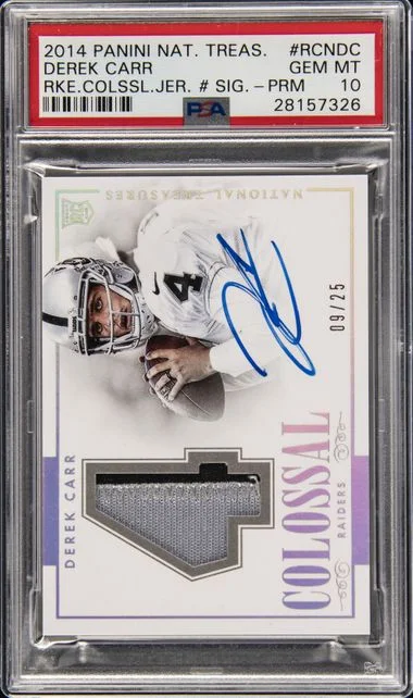 2014 Panini National Treasures Derek Carr Colossal Jersey Number Signature Prime #RCN-DC card image