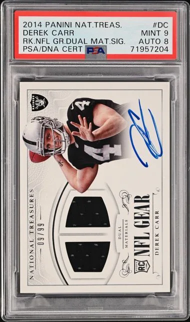 2014 Panini National Treasures Derek Carr NFL Gear Dual Materials Signatures #RGS-DC card image