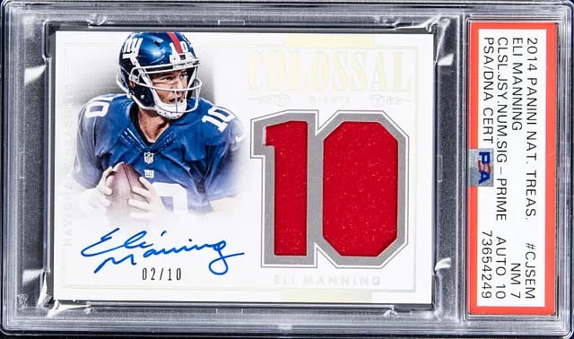 2014 Panini National Treasures Eli Manning Colossal Jersey Number Signatures Prime #CJS-EM card image