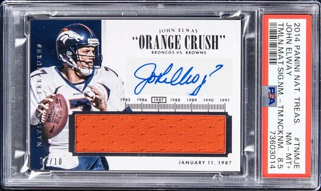 2014 Panini National Treasures John Elway Timeline Materials Signatures Nameplate Team Nickname #TNM-JE card image