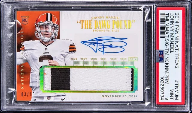 2014 Panini National Treasures Johnny Manziel Timeline Team Nicknames Materials Signatures Prime #TNM-JM card image
