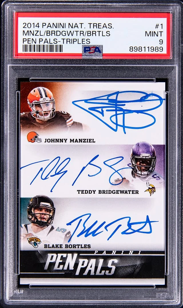 2014 Panini National Treasures Johnny Manziel/Teddy Bridgewater/Blake Bortles Multi-Signed Pen Pals Triples #1 card image