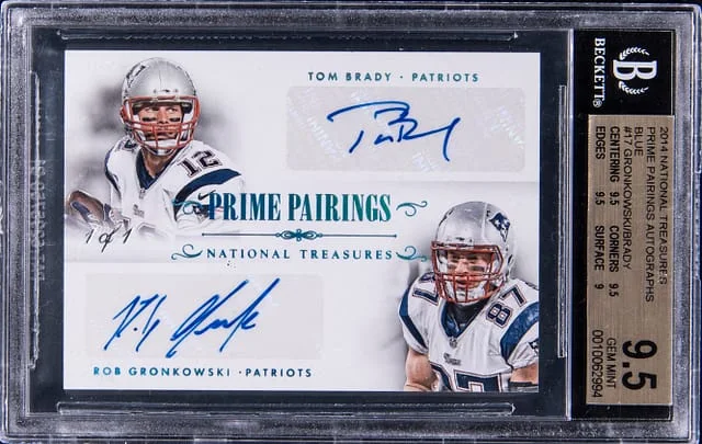 2014 Panini National Treasures Tom Brady/Rob Gronkowski Prime Pairings Autograph Blue #17 card image