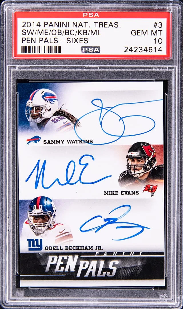 2014 Panini National Treasures Watkins/Evans/Beckham Jr./Cooks/Benjamin/Lee Multi-Signed Pen Pals Sixes #3 card image