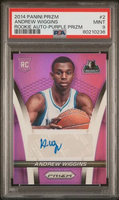 2014 Panini Prizm Andrew Wiggins Autographs Purple Prizm #2 card image