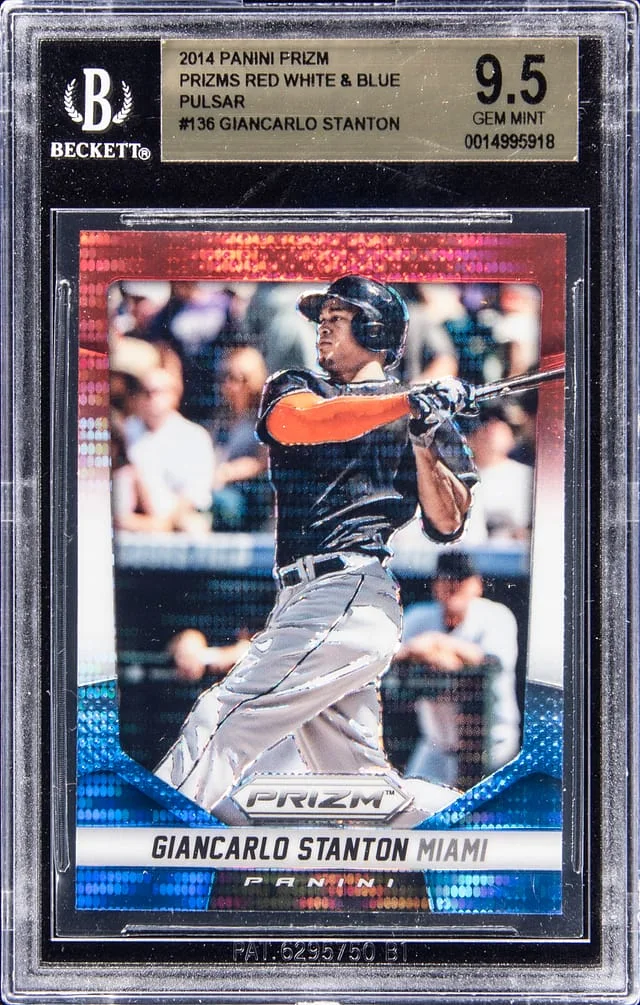 2014 Panini Prizm Giancarlo Stanton Red White & Blue Pulsar Prizm #136 card image
