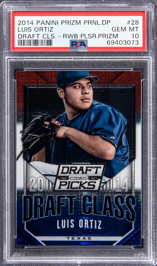 2014 Panini Prizm Luis Ortiz Perennial Draft Picks Draft Class Red White and Blue Pulsar Prizm #28 card image