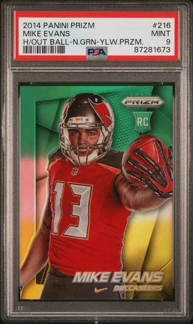 2014 Panini Prizm Mike Evans Holding Out Ball-Neon Green-Yellow Prizm #216 card image