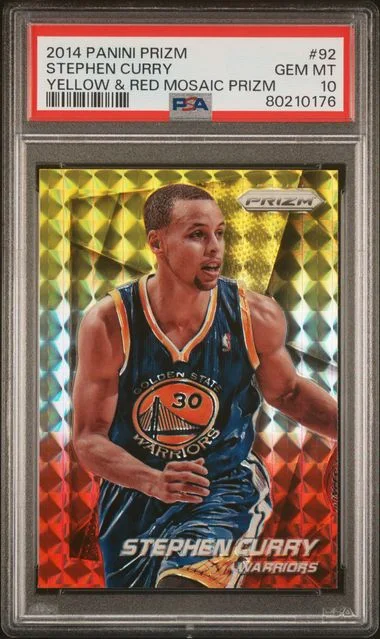 2014 Panini Prizm Stephen Curry Yellow & Red Mosaic Prizm #92 card image