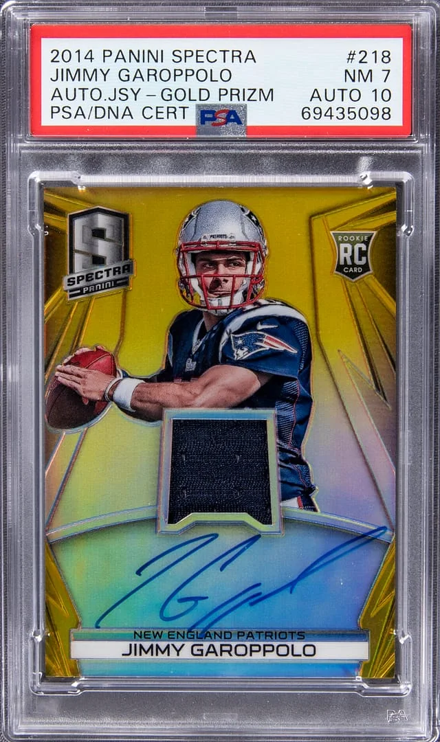 2014 Panini Spectra Jimmy Garoppolo Autograph Jersey Gold Prizm #218 card image