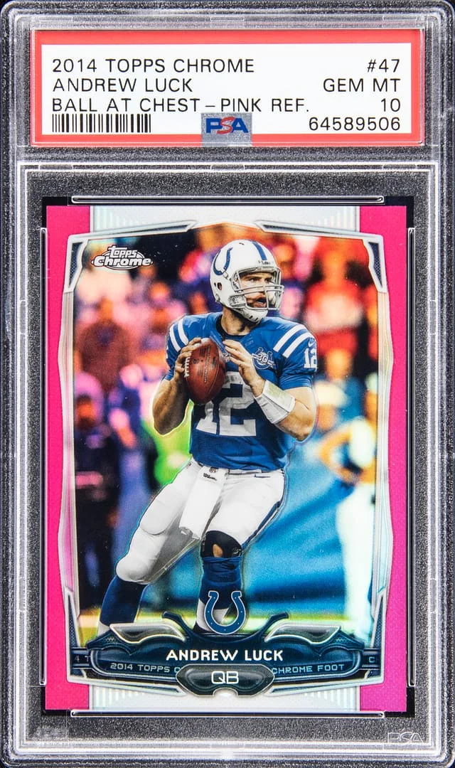 2014 Topps Chrome Andrew Luck Ball At Chest Pink Refractor #47 card image