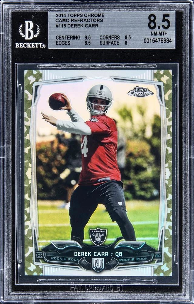 2014 Topps Chrome Derek Carr Camo Refractor #115 card image