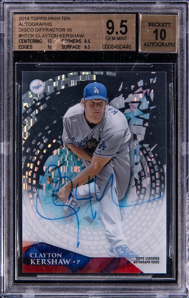 2014 Topps Clayton Kershaw High Tek Autographs Disco Diffractor #HTCK card image