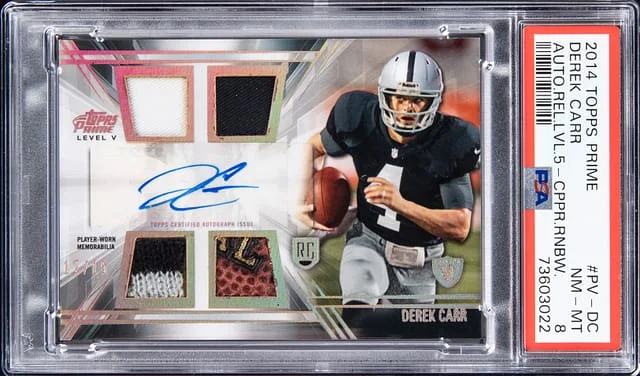 2014 Topps Derek Carr Prime Autograph Relics Level 5 Copper Rainbow #PV-DC card image