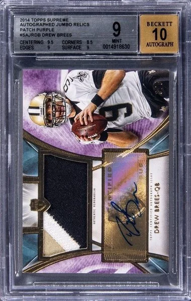 2014 Topps Drew Brees Supreme Autographed Jumbo Relics Patch Purple #SAJR-DB card image