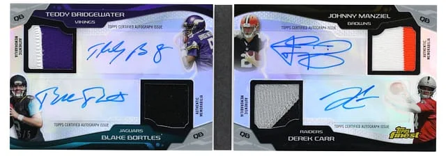 2014 Topps Finest Bridgewater/Manziel/Bortles/Carr Quarterback Quartet Autograph Patch #QQAP-BBMC card image