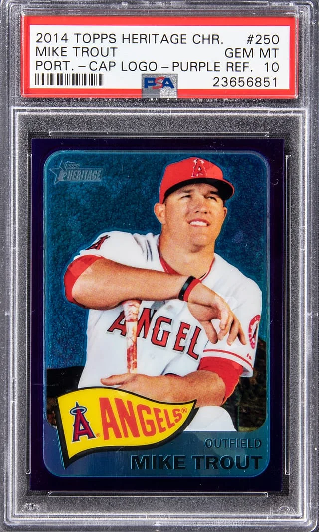 2014 Topps Heritage Chrome Mike Trout, Portrait, Cap Logo Purple Refractor #THC-250 card image