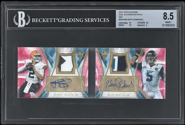 2014 Topps Johnny Manziel/Blake Bortles Supreme Dual Autographed Patch Booklets Red #SDAP-MB card image