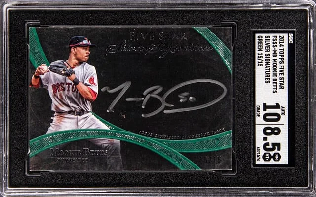 2014 Topps Mookie Betts Five Star Silver Signatures Green #FSSS-MB card image