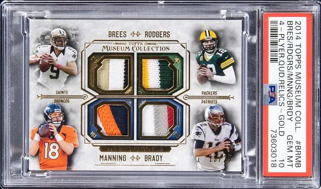 2014 Topps Museum Collection Brees/Rodgers/Manning/Brady 4 Player Quad Relics Gold #FPQA-BRMB card image