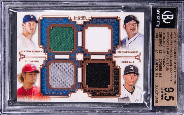 2014 Topps Museum Collection Darvish/Sale/Hernandez/Kershaw Primary Pieces Quad Relics Copper #PPFQR21 card image