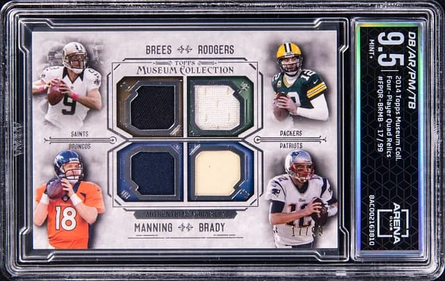 2014 Topps Museum Collection Drew Brees/Aaron Rodgers/Peyton Manning/Tom Brady Four-Player Quad Relics #FPQR-BRMB card image