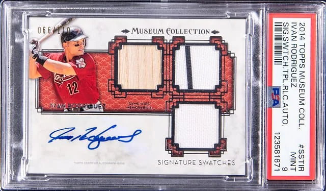 2014 Topps Museum Collection Ivan Rodriguez Signature Swtch Triple Relic Autograph #SS-TIR card image