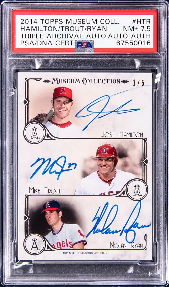 2014 Topps Museum Collection Nolan Ryan/Mike Trout/Josh Hamilton Multi-Signed Triple Archival Autographs #HTR card image