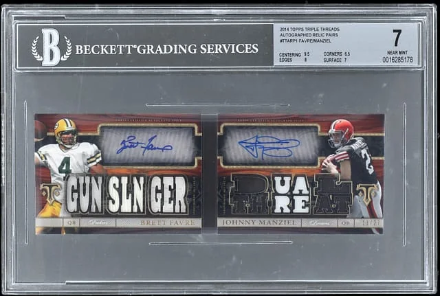 2014 Topps Triple Threads Brett Favre/Johnny Manziel Autographed Relic Pairs #TTARP-1 card image