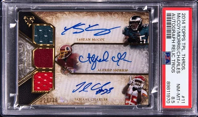 2014 Topps Triple Threads McCoy/Morris/Charles Multi-Signed Autograph Relic Trios #11 card image