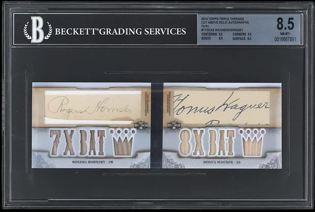 2014 Topps Triple Threads Rogers Hornsby/Honus Wagner Cut Above Relic Autographs Dual #TTDCA-2 card image