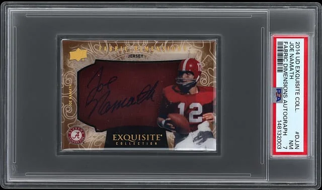 2014 Upper Deck Exquisite Collection Joe Namath Fabric Dimensions Autograph #DJ-JN card image