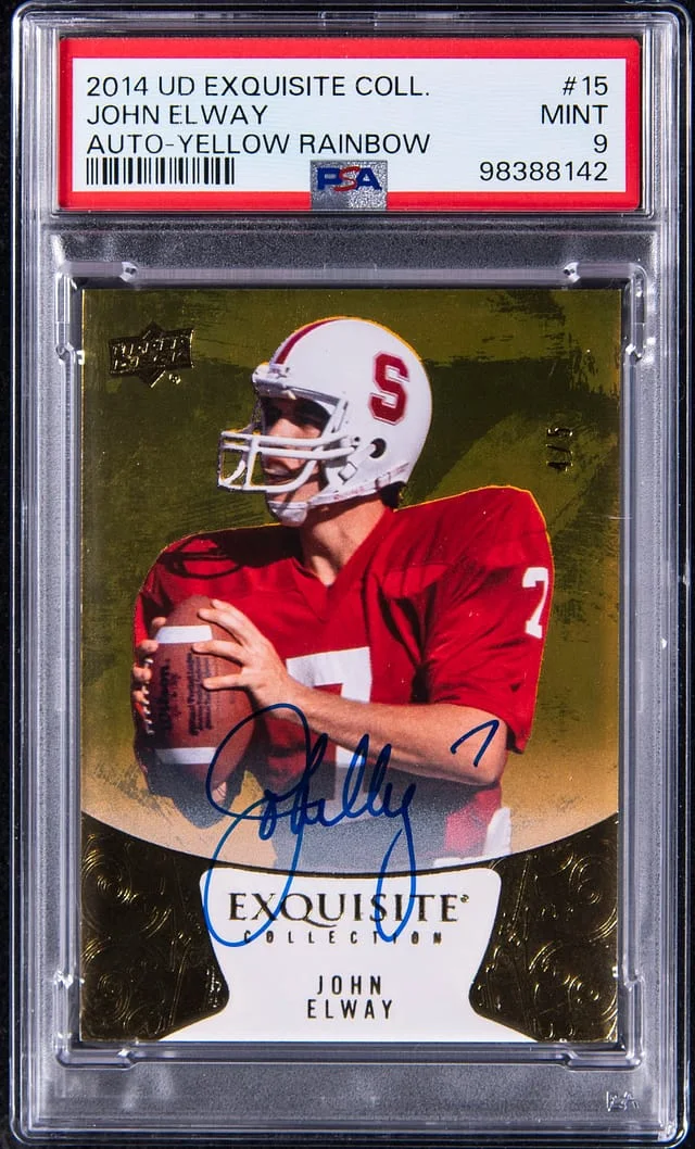 2014 Upper Deck Exquisite Collection John Elway Autograph-Yellow Rainbow #15 card image