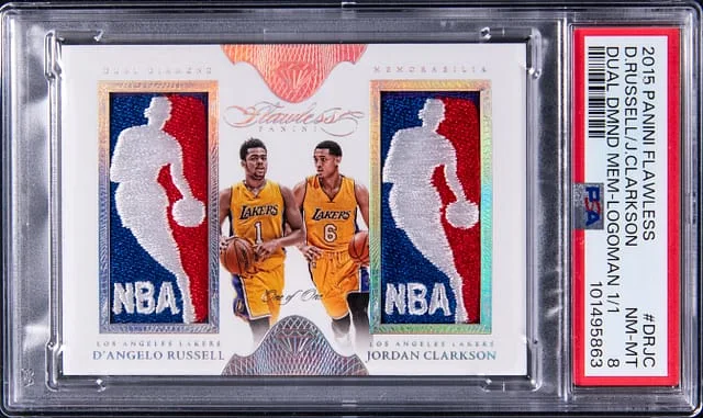 2015-16 Panini Flawless D'Angelo Russell/Jordan Clarkson Dual Diamond Memorabilia Logoman #DD-DRJC card image