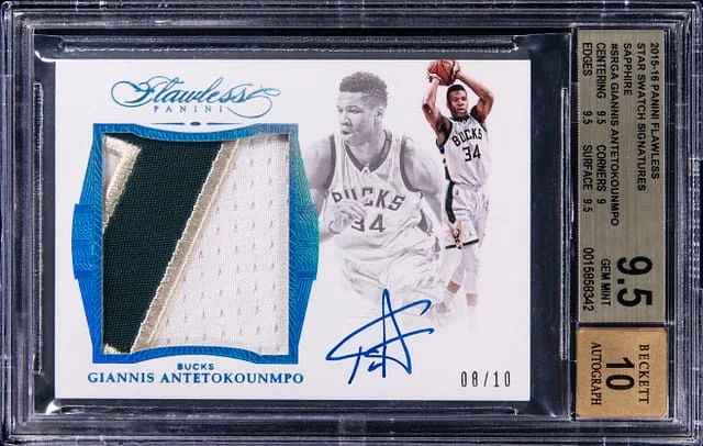 2015-16 Panini Flawless Giannis Antetokounmpo Star Swatch Signatures Sapphire #SR-GA card image