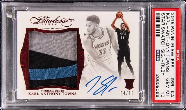 2015-16 Panini Flawless Karl-Anthony Towns Star Swatch Signatures Ruby #SR-KA card image