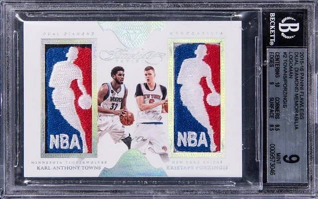 2015-16 Panini Flawless Karl-Anthony Towns/Kristaps Porzingis Dual Diamond Memorabilia Logoman #DD-KTKP card image