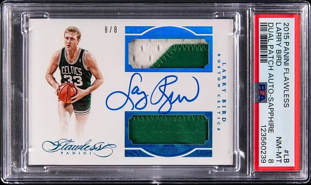 2015-16 Panini Flawless Larry Bird Dual Patch Autograph-Sapphire #DPA-LB card image