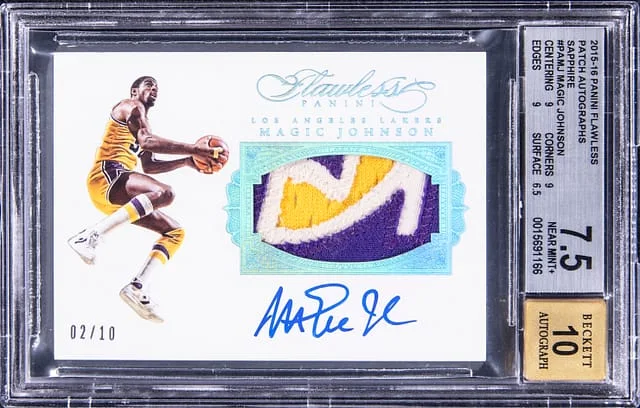2015-16 Panini Flawless Magic Johnson Patch Autograph Sapphire #PA-MJ card image