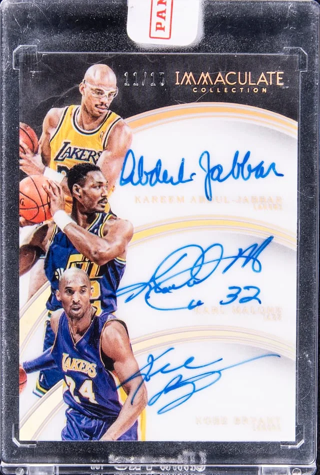 2015-16 Panini Immaculate Collection Kareem Abdul-Jabbar/Karl Malone/Kobe Bryant Multi-Signed Card - Panini Encased Trio Autographs #18 card image