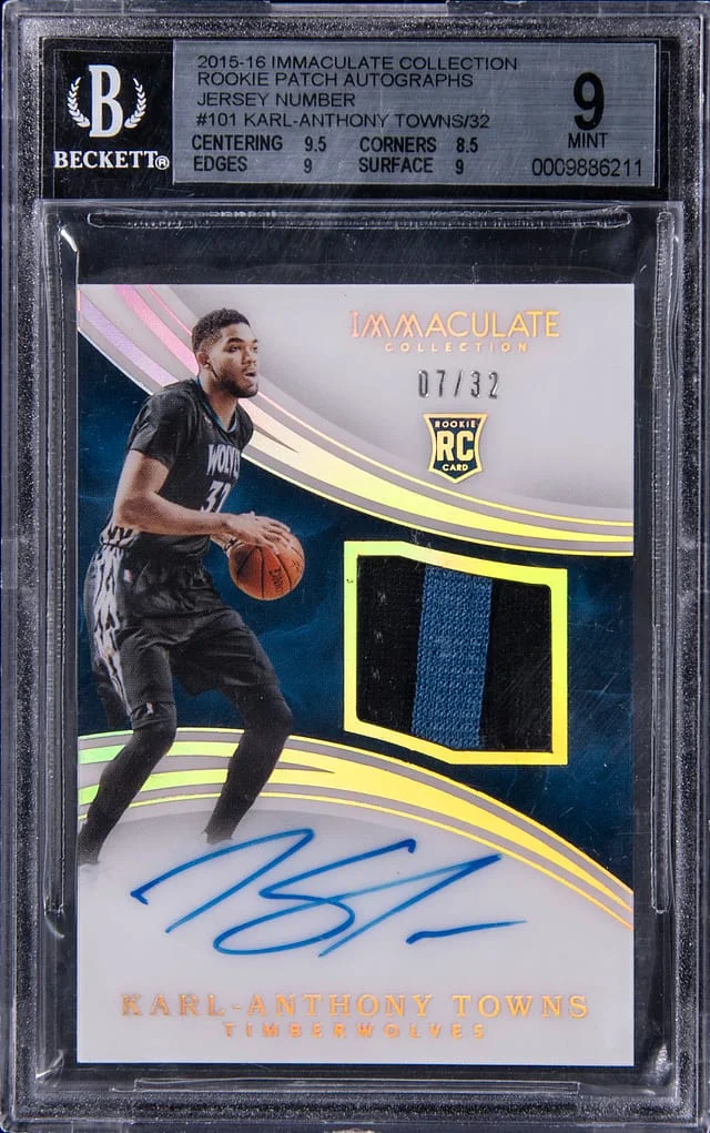 2015-16 Panini Immaculate Collection Karl Anthony Towns Patch Autograph Jersey Number #101 card image