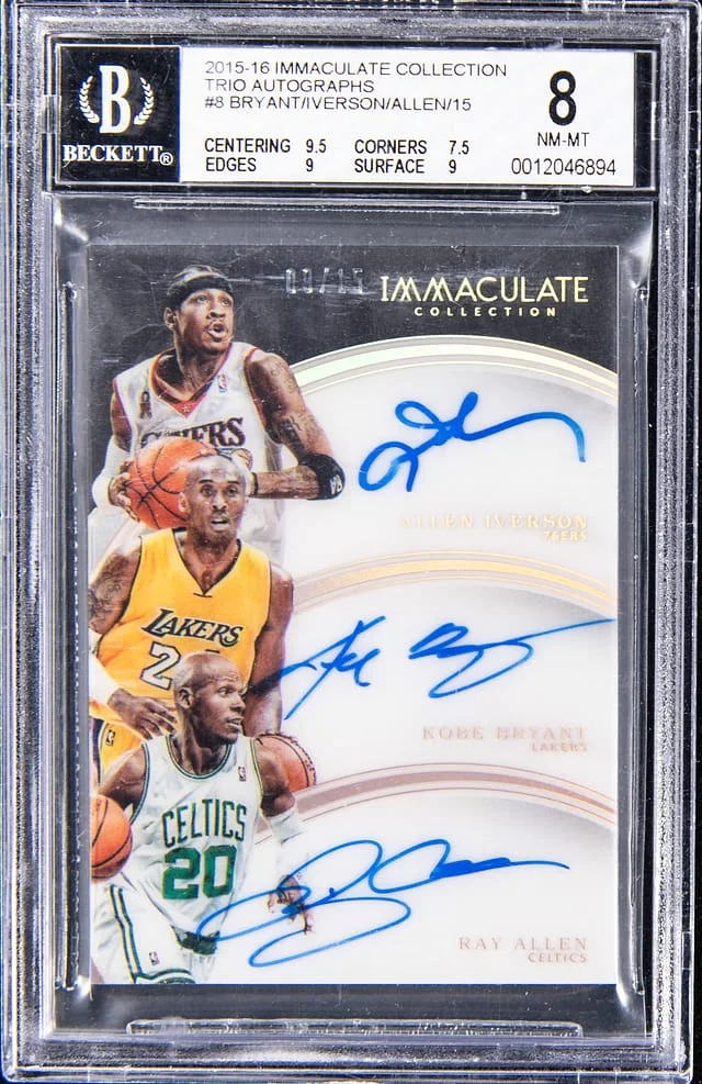 2015-16 Panini Immaculate Collection Kobe Bryant/Allen Iverson/Ray Allen Multi-Signed Trio Autographs #8 card image