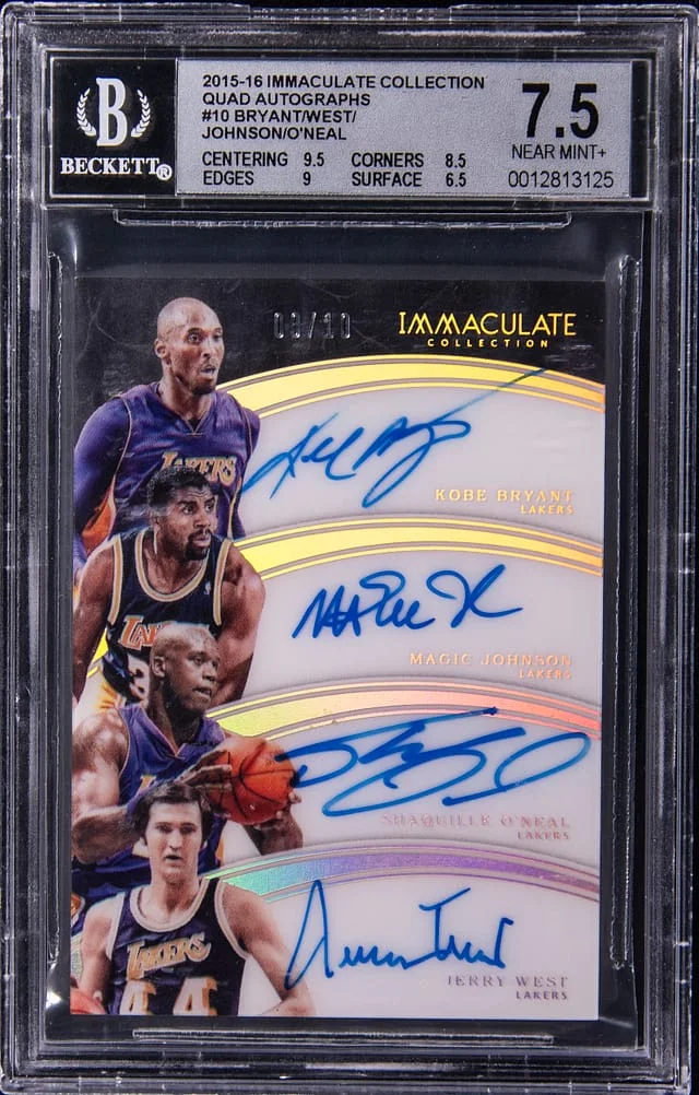 2015-16 Panini Immaculate Collection Kobe Bryant/Magic Johnson/Shaquille O'Neal/Jerry West Multi-Signed Card - Bryant's Jersey Number Quad Autographs #10 card image
