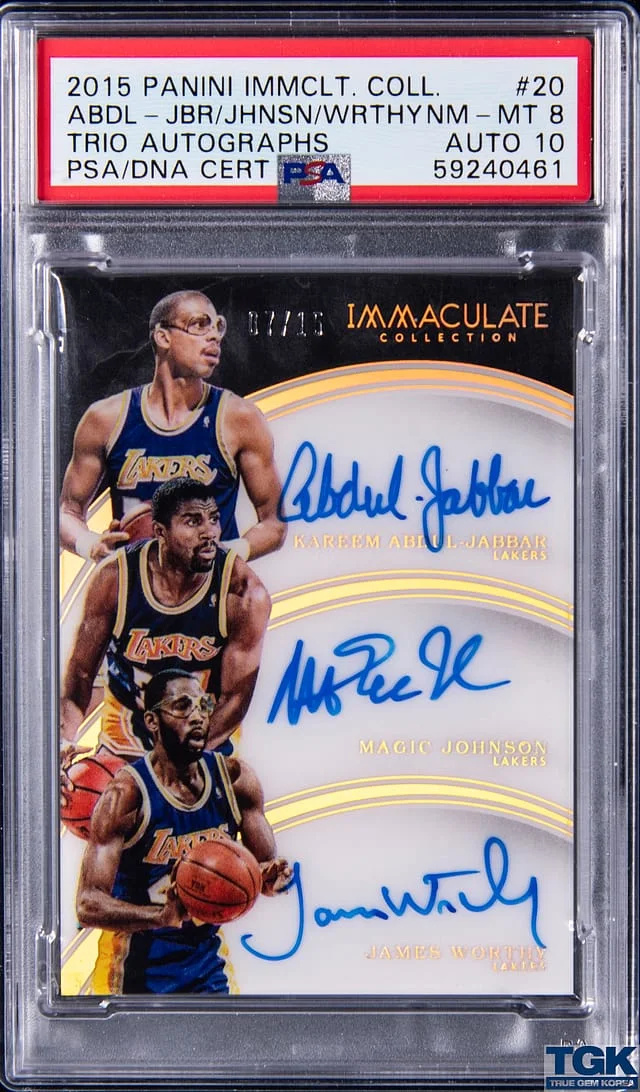 2015-16 Panini Immaculate Collection Magic Johnson/Kareem Abdul-Jabbar/James Worthy Multi-Signed Trio Autographs #20 card image