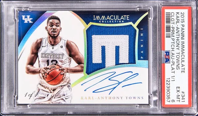 2015-16 Panini Immaculate Karl Anthony Towns Collegiate Premium Patch Autograph Platinum #341 card image