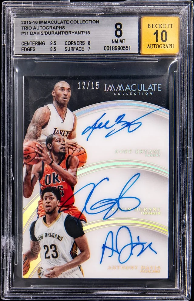 2015-16 Panini Immaculate Kobe Bryant/Kevin Durant/Anthony Davis Multi-Signed Trio Autographs #11 card image