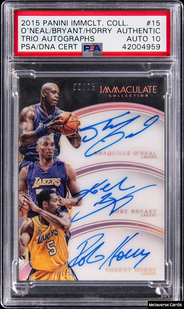 2015-16 Panini Immaculate Kobe Bryant/Shaquille O'Neal/Robert Horry Multi-Signed Trio Autographs #15 card image