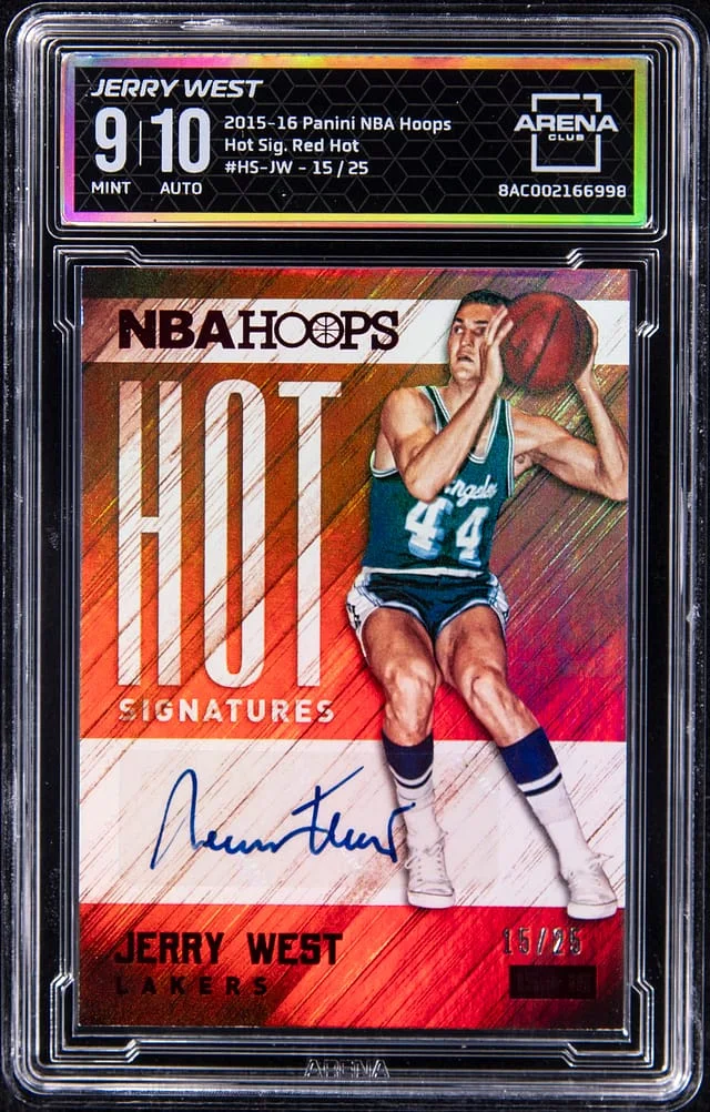 2015-16 Panini Jerry West NBA Hoops Hot Signature Red Hot #HS-JW card image