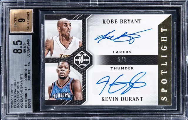 2015-16 Panini Kobe Bryant/Kevin Durant Limited Duos Signatures Gold Spotlight #LD-SPK card image